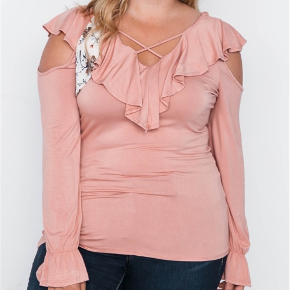 Tessa Cold Shoulder Ruffle Plus Blouse (Salmon)